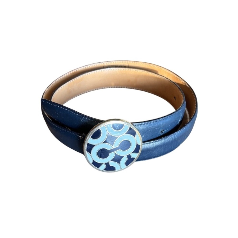 Coach Cowhide Leather Belt Navy Blue Enamel Buckle Logo Sz Small Women's